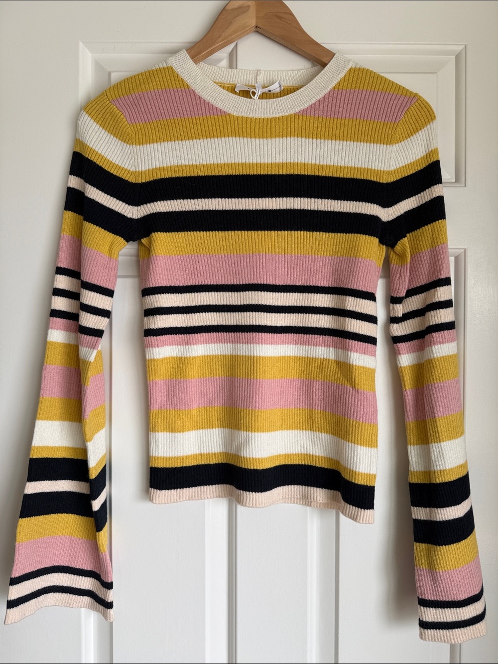 FRAME Striped Ribbed Sweater in Pink, Yellow,  & Cream. Small